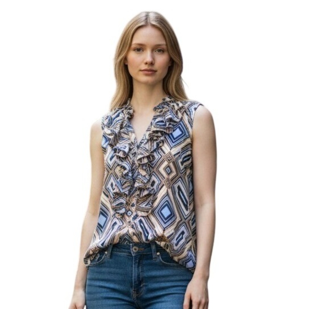 XS NEW YORK & CO sleeveless tank‎ blouse work career gold blue geometric tuxedo